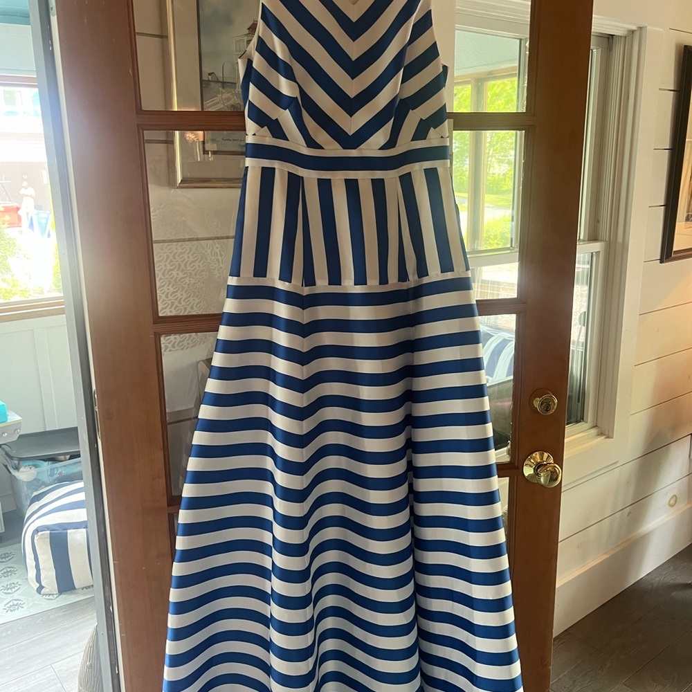 Eliza J Blue and White Striped Maxi Dress
